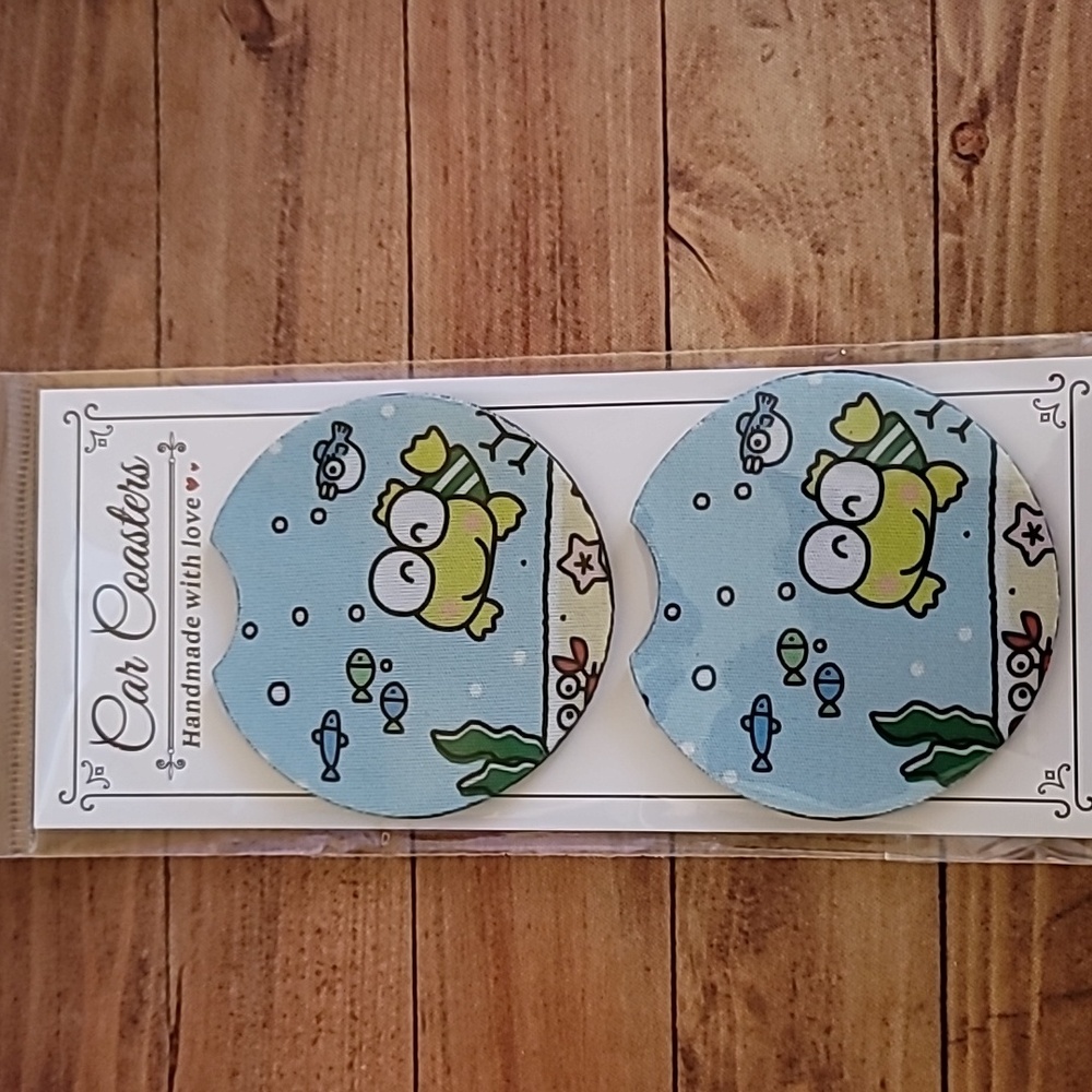 Frog Swimming Handmade Reuseable Neoprene Set of 2 Cup Holder Car Coasters